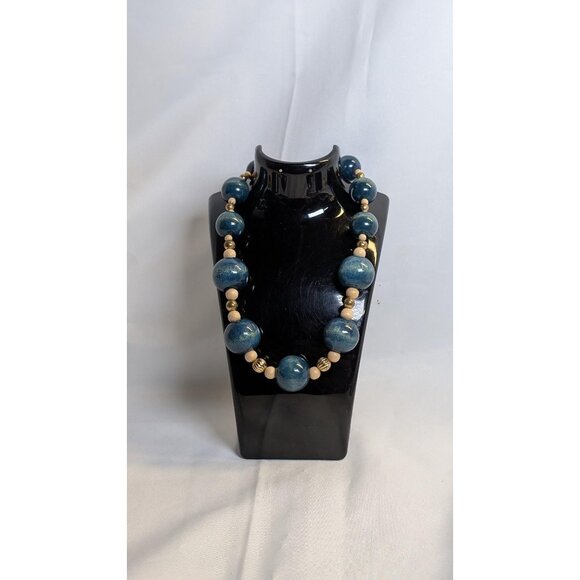3 for $30 Vintage large block wood necklace | blue, gold and wood tone | retro - Picture 2 of 7